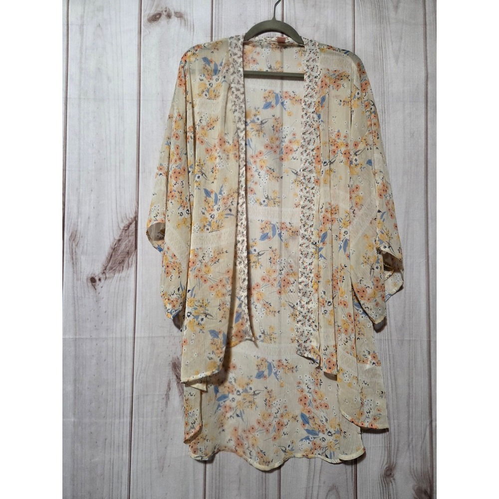 Band of Gypsies Floral Chiffon Kimono‎ Sheer Open Front Wrap Yellow Orange XS/S